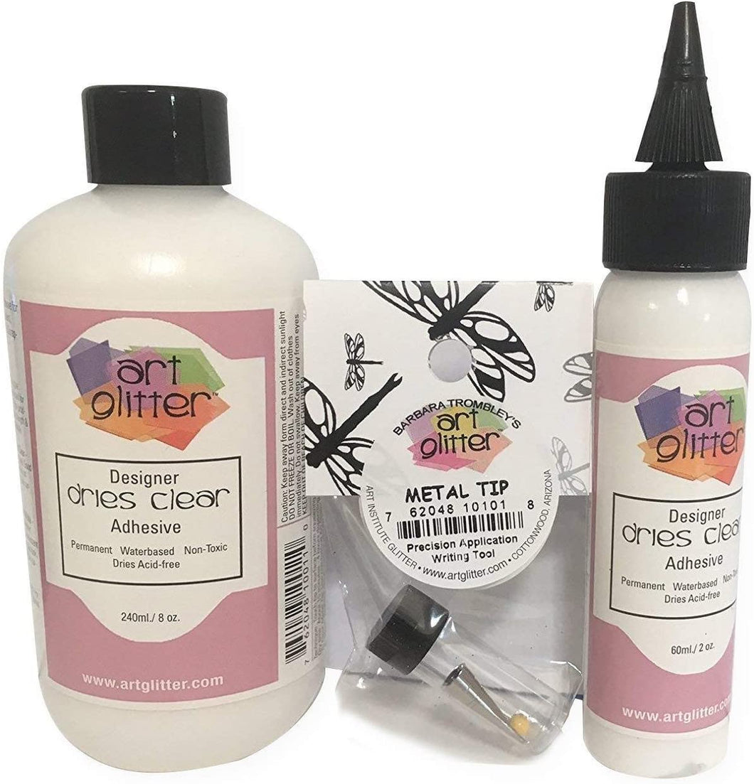 Art Institute Glitter Designer Dries Clear Adhesive Clear Glue Kit Bundle-3 Items 8oz,2oz and Metal Tip, Multicolored